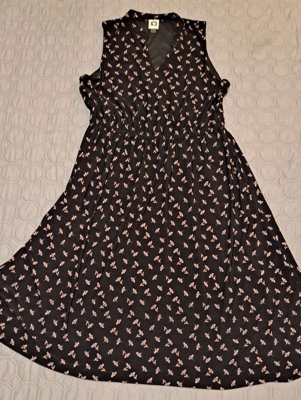 Anne Klein Sleeveless Black Floral V-Neck Dress Sz 14